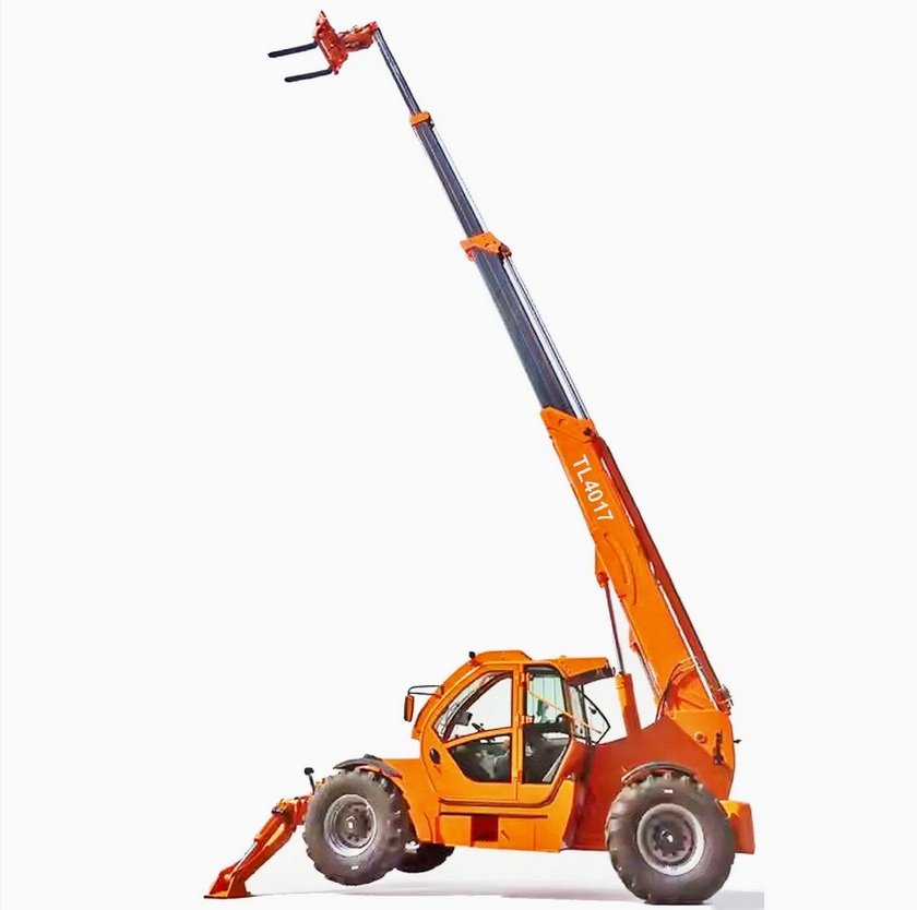 Manipulador telescópico industrial naranja (Telehandler TL4017) con pluma completamente extendida y estabilizadores.