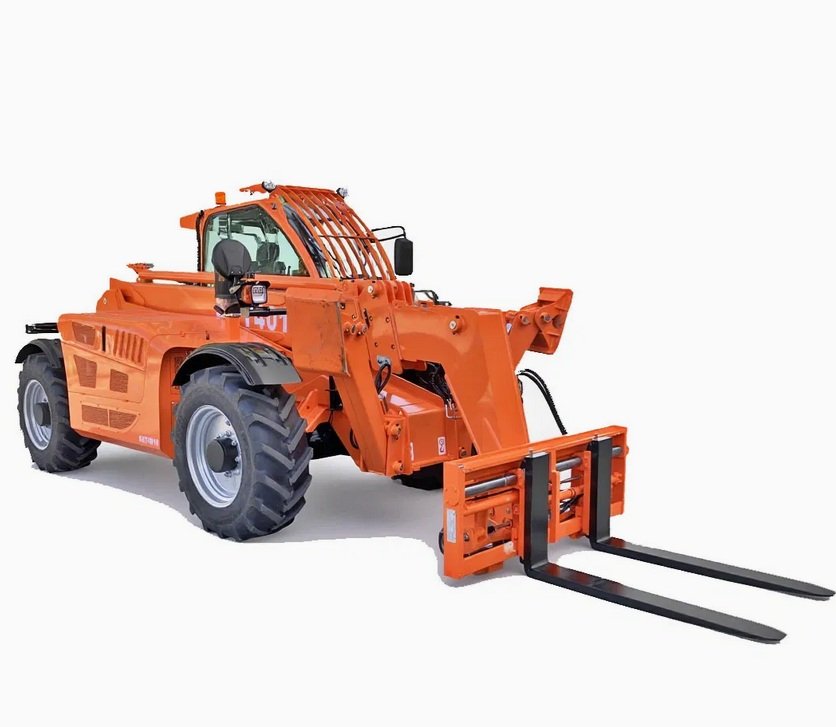 Montacargas industrial todoterreno naranja de gran capacidad, con ruedas grandes y horquilla ancha.